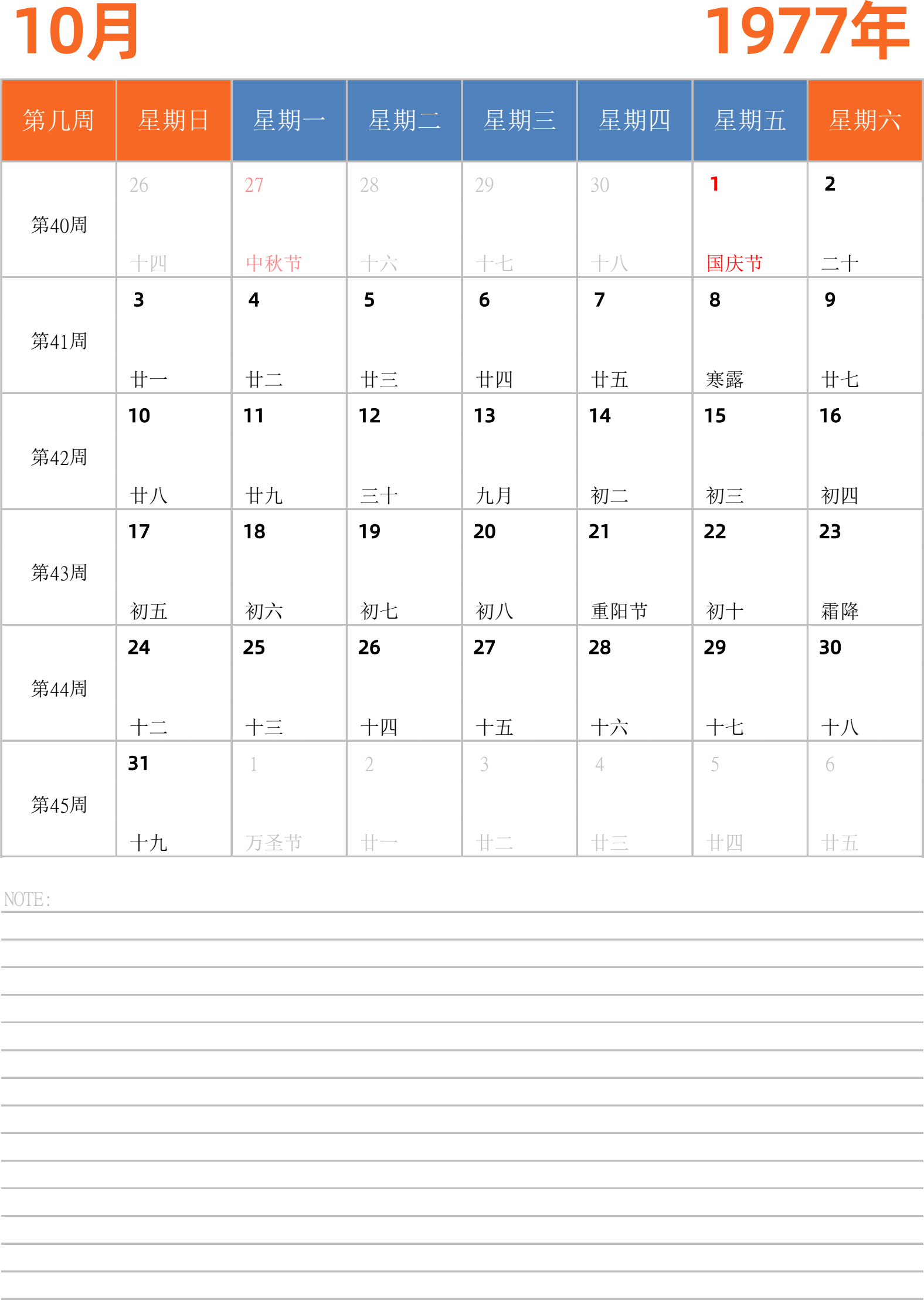 日历表1977年日历 中文版 纵向排版 周日开始 带周数